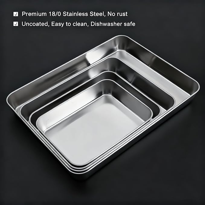 2Pcs Stainless Steel Deep Baking Pan Set（12 & 16 Inch）-PTFE/PFOA Free - Heavy Duty Rectangular Cookie Sheets for Oven, Cakes, Bread, Roasting - No Warping, Dishwasher Safe, Easy to Clean