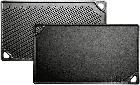 Lodge Double Play Reversible Cast Iron Grill/Griddle - Dual-Sided with Double Burner Configuration for Eggs, Pancakes, Burgers & More - Seasoned, Non-Toxic Cookware - Heavy-Duty Grill Pan - Black