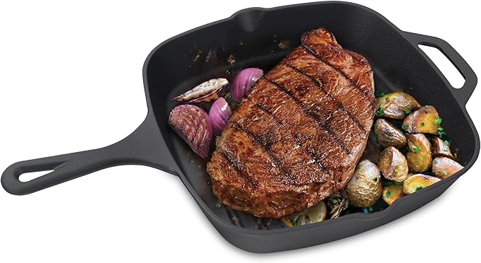 Jim Beam , Pre Seasoned Cast Iron Square Skillet with Ridges, 16", Black