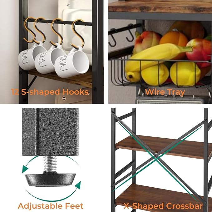 Kitchenshelf Baker’sRack CoffeeBar - , 6-Tier Microwave Stand with Power Outlet, , Coffee Bar with 12 S-Shaped Hooks, Adjustable Feet Pads&150lbs CapacityKitchen Shelf with Wire Basket, Rustic Brown