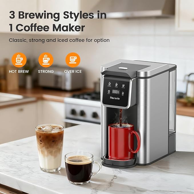 Single Serve Coffee Maker for K-Cup Pod and Grounds, Hot and Iced Coffee Maker, Strong Button Feature, 6 to 14oz Brew Sizes, 50oz Removable Tank, Up to 6.5 Inch Cup, Stainless Steel, Grey