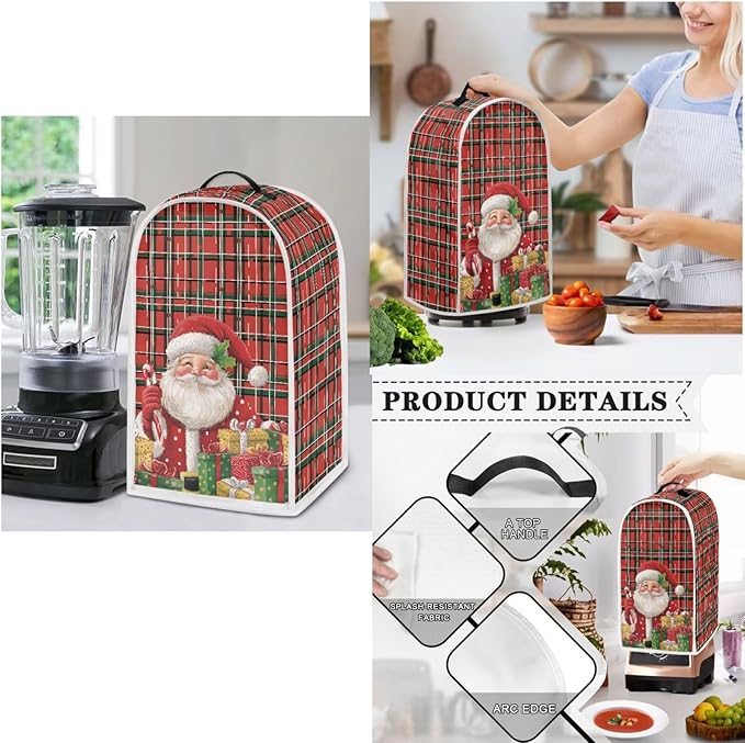 Santa Plaid Pattern Toaster Covers 2 Slice Wide Slot,3Pcs Set Christmas Bread Machine Cover Slow Cookers Cover Blender Covers with Top Handle and Accessories Pocket Counter Decor (Red)
