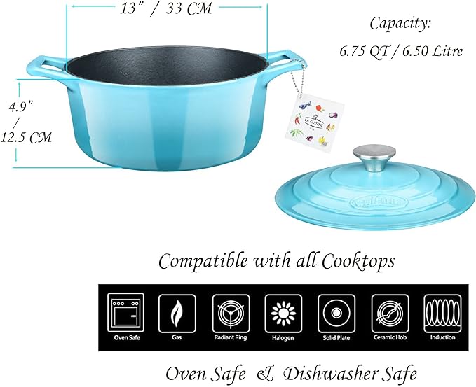 La Cuisine Enameled Cast Iron Oval Dutch Oven Casserole Pot with Lid, 6.75 QT Internal Matte Black Enamel for bread baking, 2-ton Teal Enamel Coating Finish Exterior, Oven Safe up to 480° F