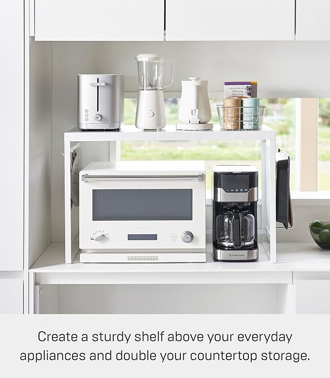 YAMAZAKI Home Kitchen Appliance Rack, Microwave Stand With Steel Side Panel, Adjustable Shelves, Hooks & Storage For Countertops, Small Kitchen Organizer, Modern Minimal Design - Steel