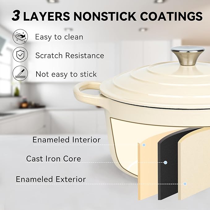 Miereirl 6 Quart Enameled Dutch Oven Pot with Lid, Cast Iron Dutch Oven with Dual Handles for Bread Baking, Cooking, Non-stick Enamel Coated Cookware (Beige)