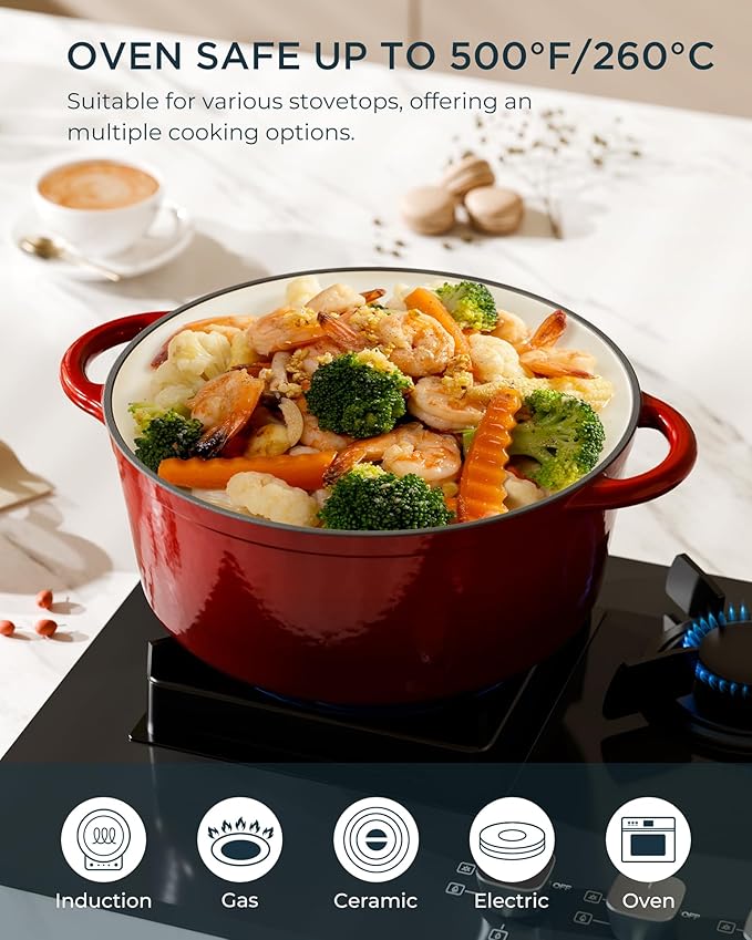 Enameled Cast Iron Dutch Oven - 7.5QT Pot with Lid & Cotton Potholders - Heavy-Duty Cookware for Braising, Stews, Roasting, Bread Baking, Oven Safe up to 500°F & Suitable for All Cooktops, Cherry Red