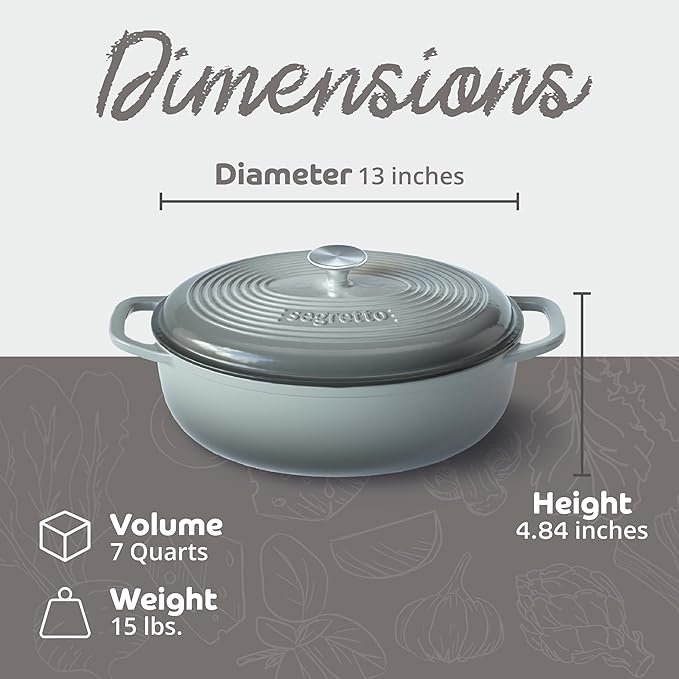 Segretto Cookware Enameled Oval Cast Iron Dutch Oven with Handle 7-Quarts Grigio Scuro (Gray) 7 qt Oven Safe Dutch Oven Pot With Lid Enamel cast Iron Pot Cookware for Bread Baking