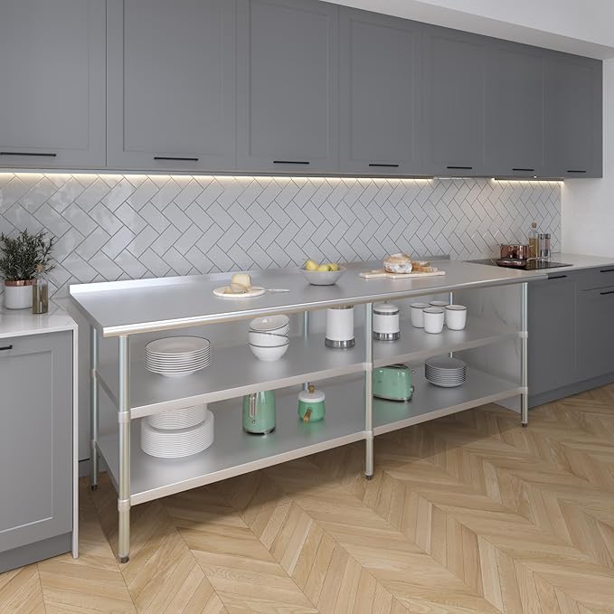 AmGood Stainless Steel Work Table with 1.5" Backsplash and 2 Shelves | Metal Kitchen Food Prep Table | NSF (96" Long x 30" Deep)