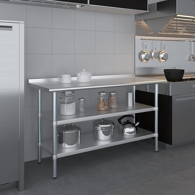 AmGood Stainless Steel Work Table with 1.5" Backsplash and 2 Shelves | NSF (60" Long x 24" Deep)
