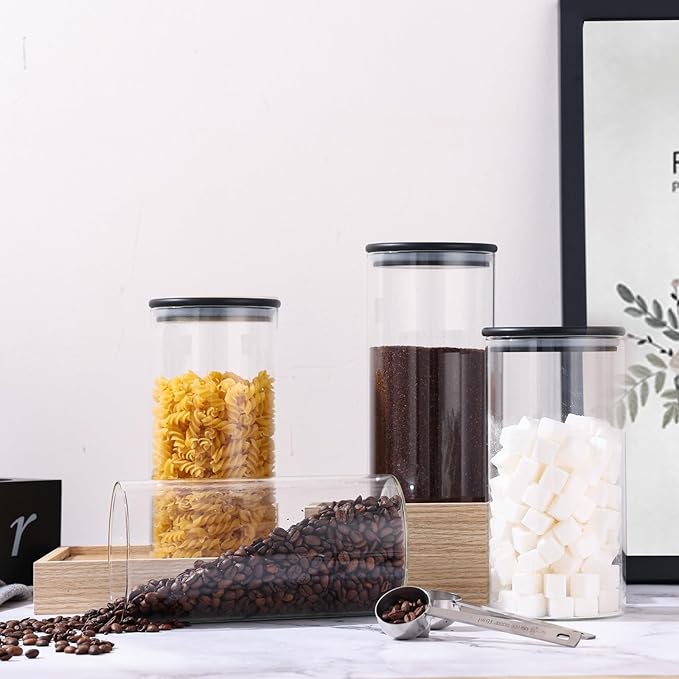 ZOMUIA Rustic Modern Black 2PCS Small 44oz Coffee Storage Jars with Shelf, 2Pcs 1.295L Airtight Glass Coffee Containers, Coffee Canisters, Food Storage Jars