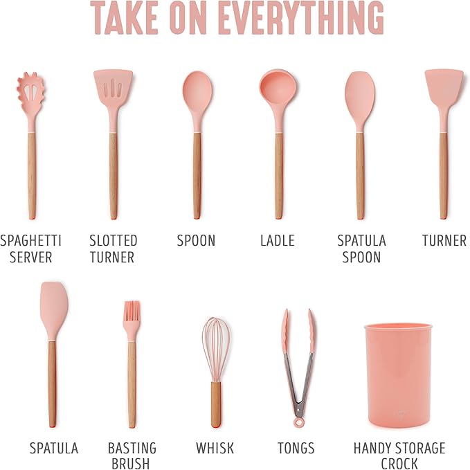 GreenLife 11 Piece Silicone Utensil Crock Set, Nonstick Kitchen Tools, Ladle, Turner, Slotted Turner, Spatula, Spoon, Spaghetti Server, Brush, Whisk, Tongs, Crock, Dusty Pink