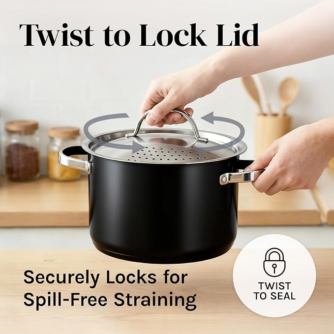 Pasta Pot with Strainer Lid - 5.5 Quart Large Spaghetti Pot - Twist & Lock for Easy Drain & No Colander Or Strainer Basket Insert Needed - Dishwasher Safe Pots