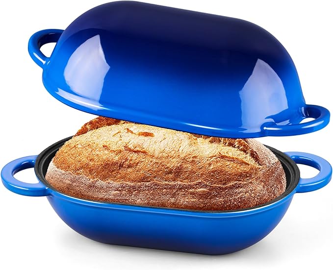 Onader Enameled Cast Iron Oval Dutch Oven Pot with Lid, 2.8QT Dutch Oven for Sourdough Bread Baking, Cast Iron Bread Pan, 9x5-1/2 Inch Loaf Meatloaf Pan, Heavy Duty - Blue