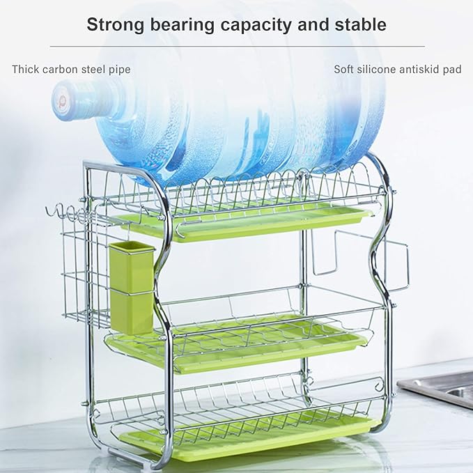 3 Tier Dish Racking System with Removable Drain Board - Sturdy Steel Kitchen Counter Organizer for Efficient Drying and Utensil Storage