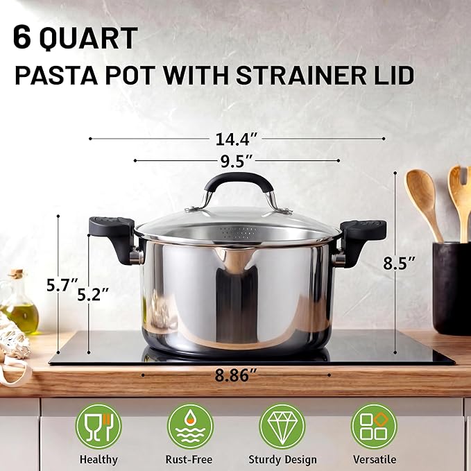 E-far Pasta Pot with Strainer Lid, 6 Quart Tri-Ply Stainless Steel Stock Pot & Push and Lock Handles, Non-toxic Multipurpose Cooking Pot for All Cooktops, Heavy Duty & Dishwasher Safe