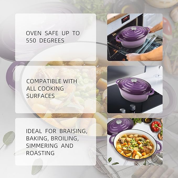 5.5 Quart Oval Enameled Cast Iron Dutch Oven Pot with Lid, Oven Safe up to 550° F & Dishwasher Safe, Sturdy Dutch Oven Cookware (Purple, 5.5 QT)