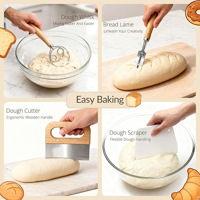 Complete Sourdough Starter Kit with Bamboo Storage Rack Bread Baskets, 12 Set Sourdough Bread Baking Supplies with Glass Sourdough Starter Jar for Bread Making Baking Fermentation