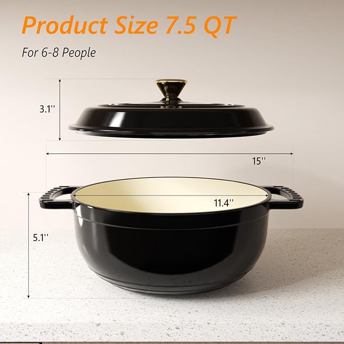 Bonnlo 7.5QT Round Dutch Oven, Enameled Cast Iron Dutch Oven Pot with Lid & Dual Handles, Oven Safe Up to 500° F, for Sourdough, Bread Baking, Stews and Roasting (Black)