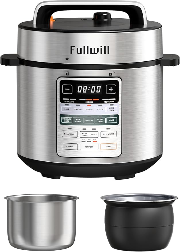 Fullwill Dual-Pot Electric Pressure Cooker, 12-in-1 Multi-Cooker with 6QT Stainless Steel & 5QT Ceramic Pot, for Pressure Cook, Slow Cook, Yogurt & More