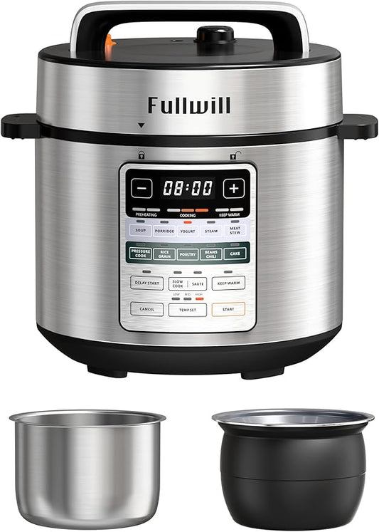 Fullwill Dual-Pot Electric Pressure Cooker, 12-in-1 Multi-Cooker with 6QT Stainless Steel & 5QT Ceramic Pot, for Pressure Cook, Slow Cook, Yogurt & More