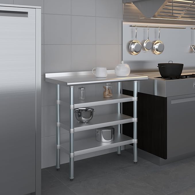 AmGood Stainless Steel Work Table with 1.5" Backsplash and 3 Shelves | Metal Kitchen Food Prep Table | NSF (36" Long x 18" Deep)