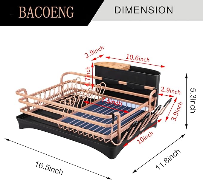 BACOENG Aluminum Dish Drying Rack,Never Rust Dish Rack with Removable Cutlery Holder & Cup Holder, 360° Swivel Spout Drain Board,Gold
