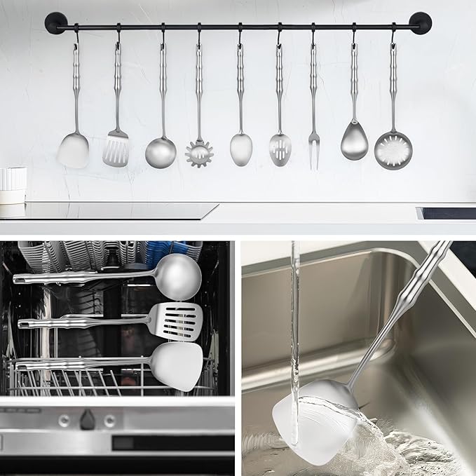 18/10 Stainless Steel Cooking Utensils Set,9pcs Metal Kitchen Utensil Sets 14 inch Long Heavy Duty Kitchen Tools Dishwasher Safe, Include Soup Ladle, Slotted Skimmer Spoon, Spaghetti