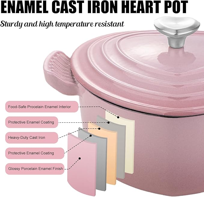Mabeeze Heart-Shaped Enameled Cast Iron Dutch Oven 2-Quart Casserole Pot with Lid, Gradient Pink Nonstick, Oven-Safe, Compatible with All Cooktops Ideal for Baking, Braising & Serving