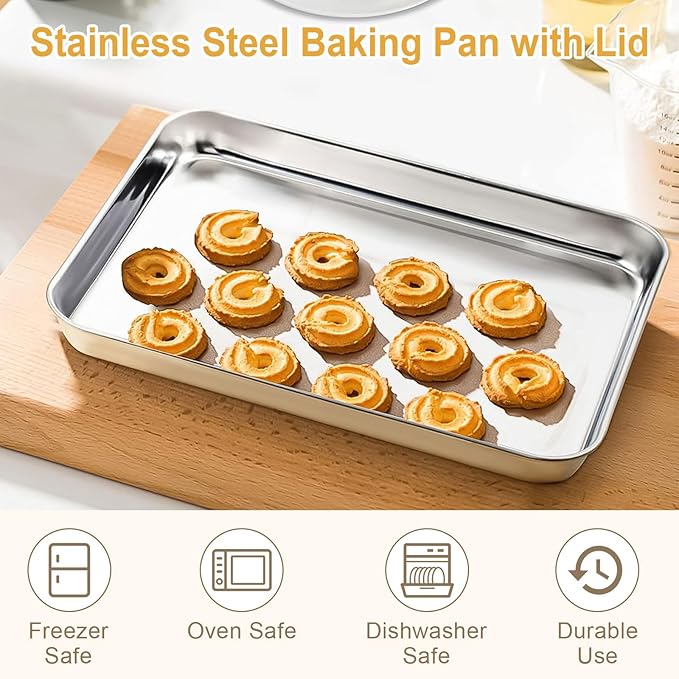 Stainless Steel Baking Pan with Lid, Set of 3 Large Cake Pan, 17/13/11 Inch Baking Sheet Lasagna Pan with Lid, Rectangle Sheet Roasting Pan, Cake Pans with Cover, Dishwasher Safe