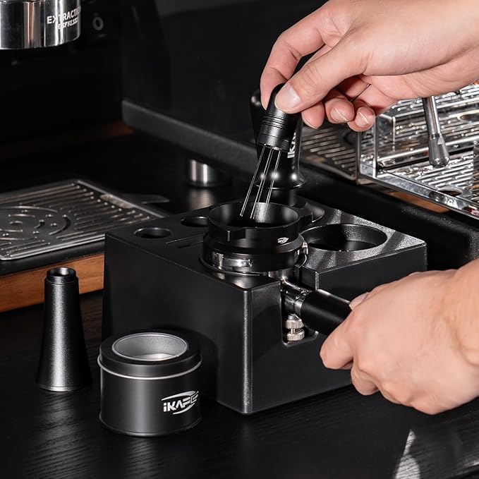 IKAPE 54mm Espresso Tamper Kit 4 in 1 Black, Complete Portafilter accessory set, 53mm Coffee Tamper, WDT Tool, Paper Filters (200pc), Dosing Funnel for Breville Portafilters