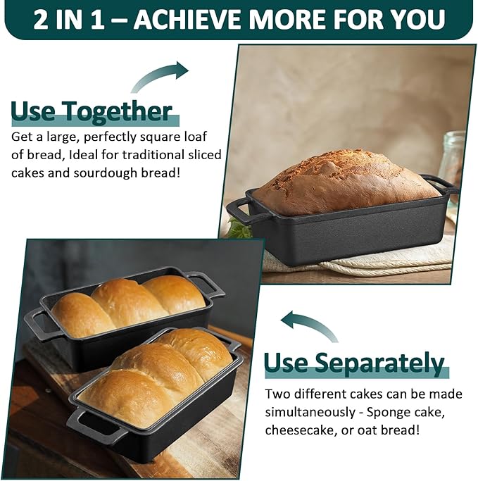 Leonyo 2 Piece Cast Iron Bread Pan, 9 x 5 inch Cast Iron Loaf Pan with Lid, 2-in-1 Pre-seasoned Loaf Dutch Oven for Baking Homemade Sourdough Bread, Pound Cake, Up to 500℉ & Oven Safe - Black