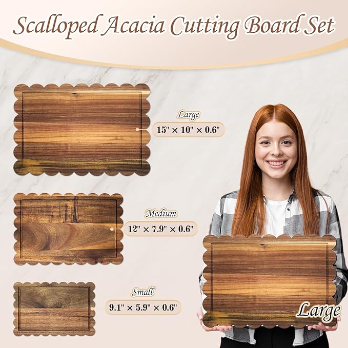 3 Pcs Acacia Wood Scalloped Cutting Board Set, Decorative Cutting Boards Bread Charcuterie Board for Grandmillenial Cottagecore Kitchen Decor Cheese Meat Fruit Bread Chopping Blocks (Classic Style)