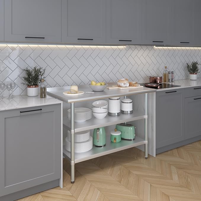 AmGood Stainless Steel Work Table with 1.5" Backsplash and 2 Shelves | NSF (48" Long x 24" Deep)