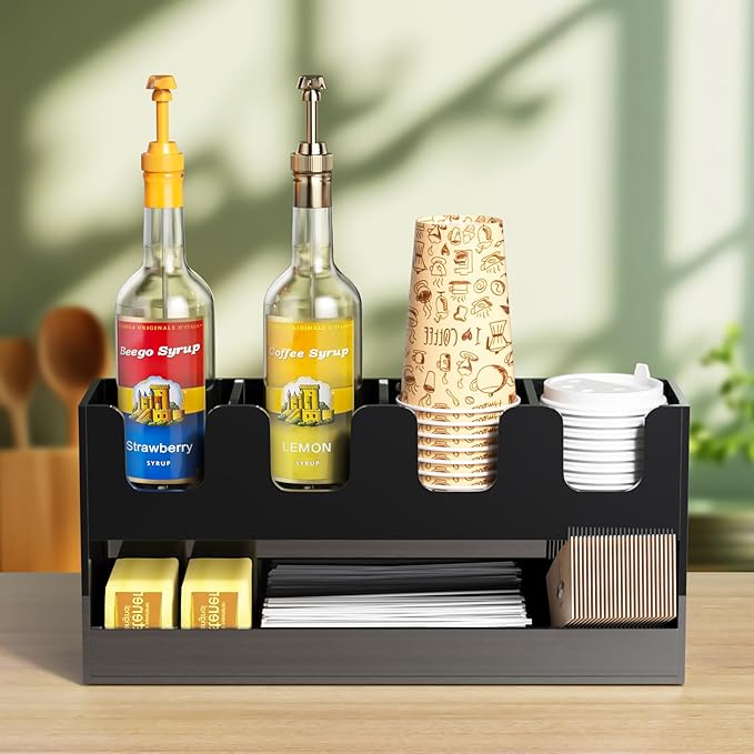 Beego 5-Compartment Cup Holder for Countertop - 2-Tier Black Acrylic Cup Dispenser Coffee Station Paper Cup and Lid Organizer Condiment Storage for Restaurant Breakroom Kitchen Bar Accessories