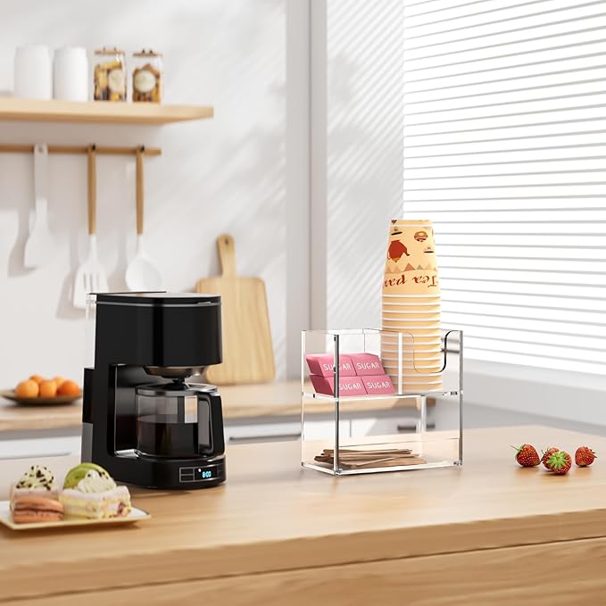 Coffee Condiment and Cup Organizer - 2-Tier Upright Cup and Lid Holder with Straw Organizer 3 Compartments Clear Acrylic Cup Dispenser for Restaurant Breakroom Coffee Station Countertop