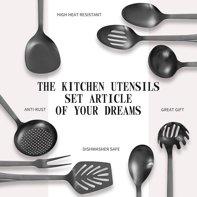 304 Stainless Steel Kitchen Utensil Set - 9pcs Cooking Utensils, Metal Kitchen Utensil Spatula Sets Cookware,High temperature resistance Kitchen Tool Set for Hanging Dishwasher Safe（Black）