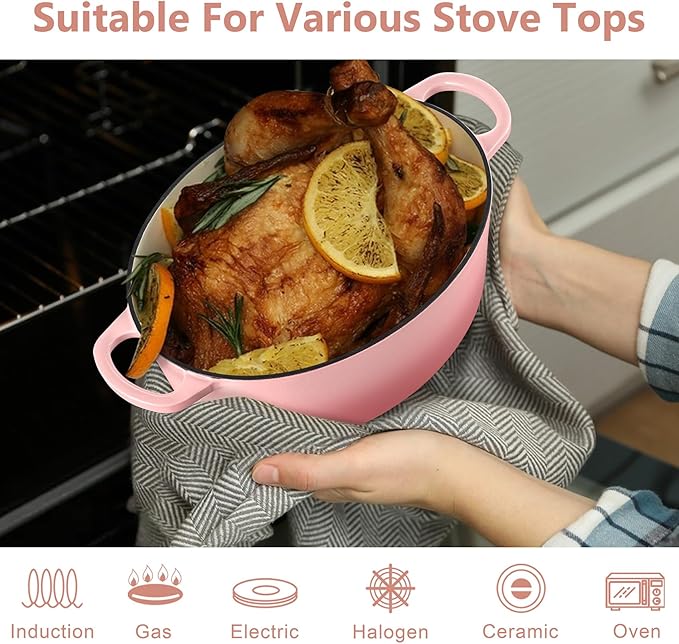 TeamFar Oval Dutch Oven, 5qt Enameled Cast Iron Dutch Oven Pot with Lid, For Bread Baking/Stewing/Braising/Frying, Suitable for Various Stoves, Dual Handles & Easy Cleanup, Pink