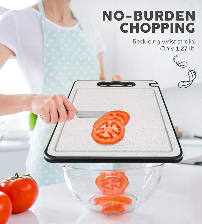 Double Sided Titanium& Wheat Straw Cutting Board, 16"*11" Non Toxic Lightweight Chopping Board, Separately Handle Meat and Vegetables, Dishwasher Safe, Scratch Resistant Mesh Design