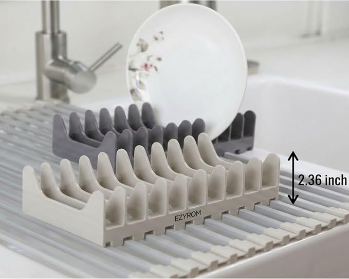 Roll Up Dish Drying Rack Over Sink, Square Aluminum Bar, Rust Resistant Anodized Frame, Removable Dish Holder, Space Saving for Small Kitchen & Apartment (Beige, Small)