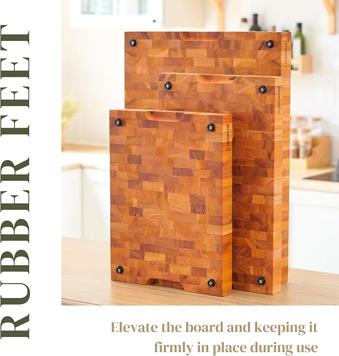 SHUMARU Mahogany End-Grain Wood Cutting Board – 20×13×1.6″ Butcher Block | Handmade in Bali – Silky-Smooth, Knife‑Friendly, Ergonomic Grips & Non‑Slip Feet