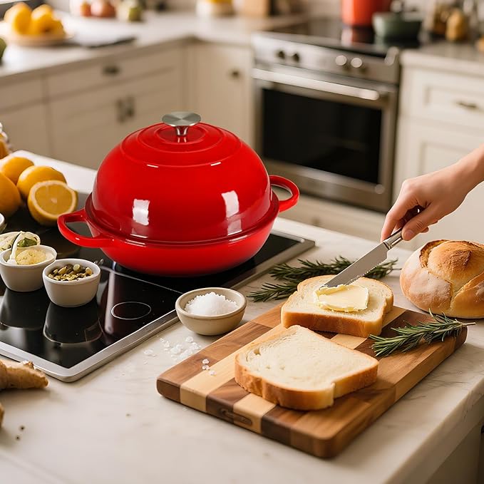LIFERUN 6qt Enameled Cast Iron Dutch Oven for Sourdough Bread Baking, Non-Stick Dome-Shaped Bread Oven Pot with Lid, Silicone Handles and Scraper, Red