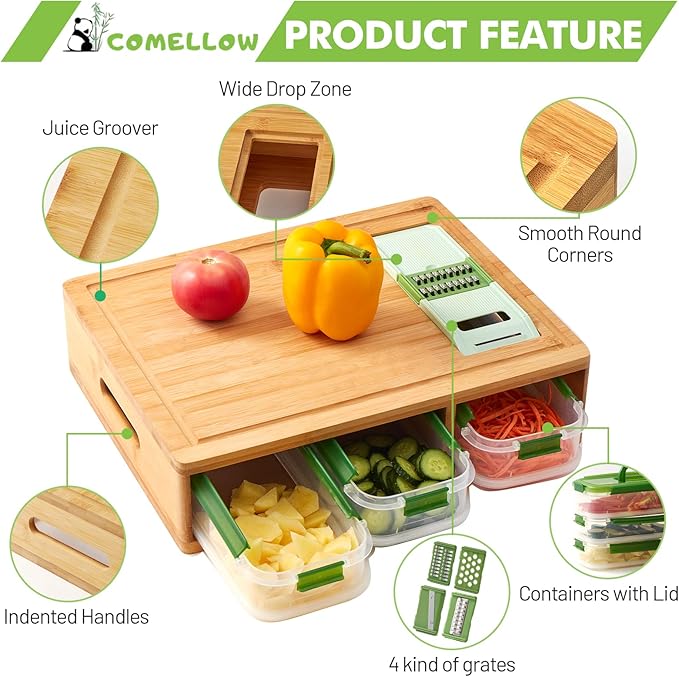 Bamboo Cutting Board with Trays - Large Wood Cutting Board with Stackable Containers and Locking Lid - Chopping Board with Built-in Graters - House Warming Kitchen Gifts New Home
