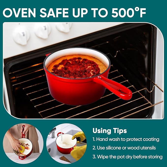 TeamFar 1+2QT Enameled Cast Iron Sauce Pan, Small Sauce Pot with Lid, Mini Dutch Oven Saucepan for Cooking/Simmering/Baking/Boiling, Sturdy & Nonstick, Oven Safe & Fit for Induction - Red