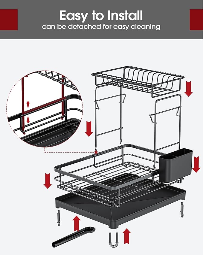Dish Drying Rack - X-Large Stainless Steel Dish Rack for Kitchen Counter, 2-Tier Kitchen Organizers and Storage for Dishes, Bowls, Cutlery, Black