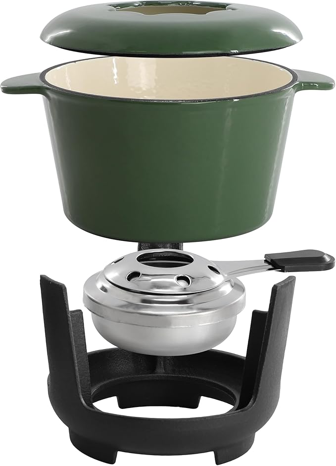MegaChef Enameled Cast Iron Fondue Pot Set with 6 Serving Forks – Perfect for Chocolate, Cheese, and Snack Fondue, Vibrant Green Cookware