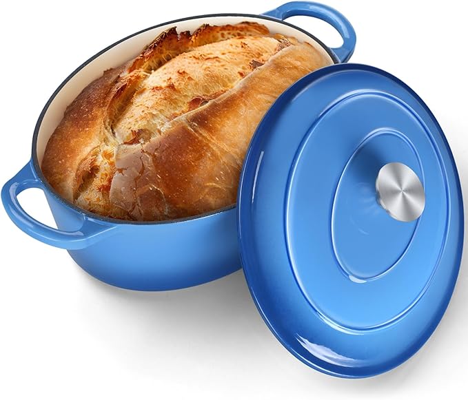 P&P CHEF Oval Dutch Oven with Lid, Enameled Cast Dutch Oven Pot for Bread Baking, Braising, Stewing, Roasting, Non-Stick & Oven Safe, Dual Handles & Easy Clean, 7QT & Blue, Valentine's Day