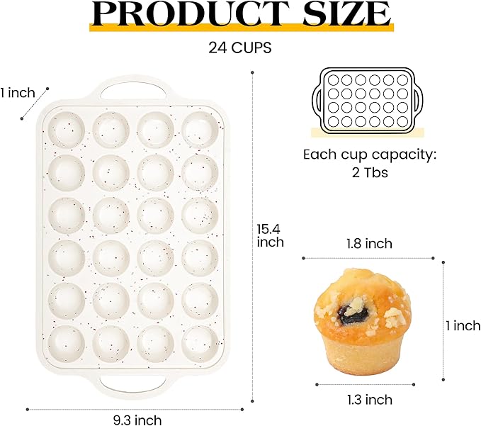 1 Pc Mini Muffin Pans with Metal Reinforced Frame, 24 Cups Nonstick Silicone Cupcake Tray for Baking, Food Grade Small Muffin Molds with Handles (Cream)