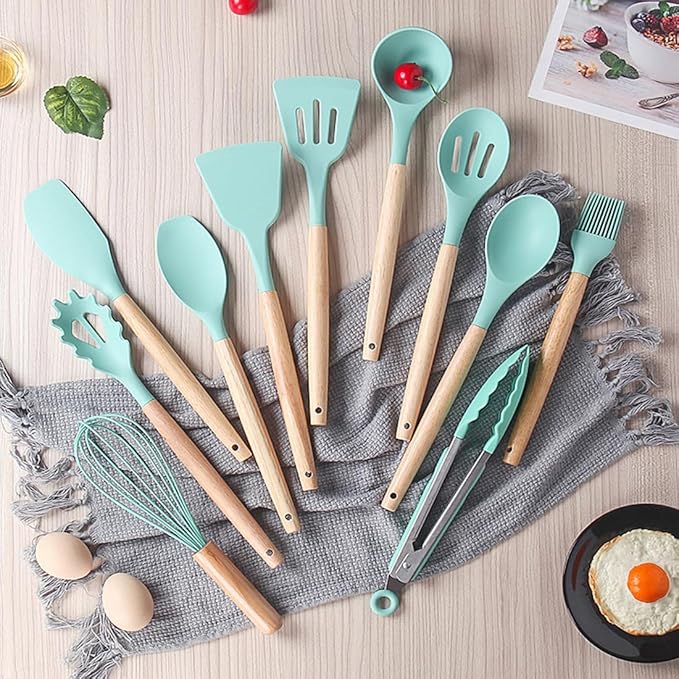 19 Pieces Kitchen Utensils and Knife Set with Block, Inldued 9 Pieces Silicone Cooking Utensils Set 5 Pieces Sharp Stainless Steel Chef Knives Scissors Whisk Tongs and Cutting Board (TEAL)