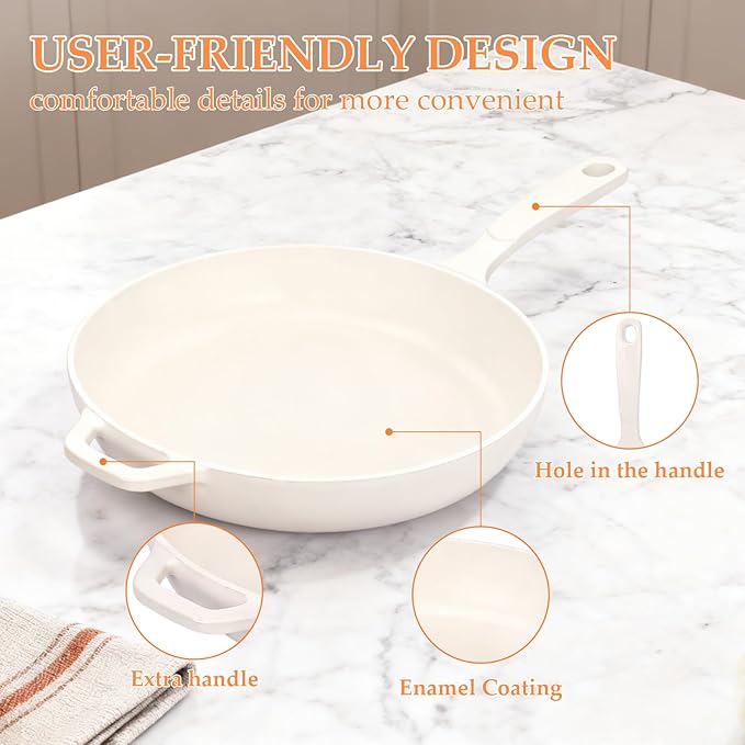 Hisencn Cast Iron Skillets,11 Inch Ceramic Frying Pan,Nonstick Frying Pan Without PFAS & PTFE & PFOA,Dishwasher & Oven Safe,Enameled Cast Iron Skillet For Gas/Electric Stovetop