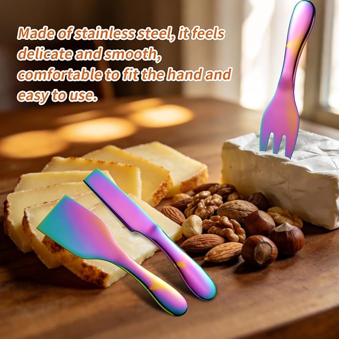 Rainbow Cheese Knives Set Stainless Steel Kitchenware Gadgets 7 Pieces include Colorful UtensilsCheese Knife,Cheese Spreader,Color Cheese Forks, Cheese Slicer,Cheese Cutter, Butter Knife